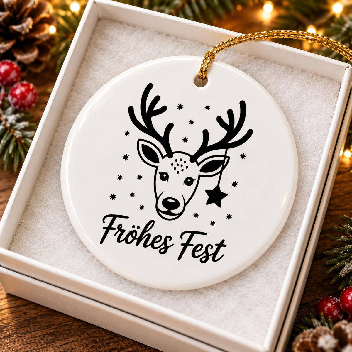 Fröhliche Fest Reindeer Ceramic Christmas Ornament