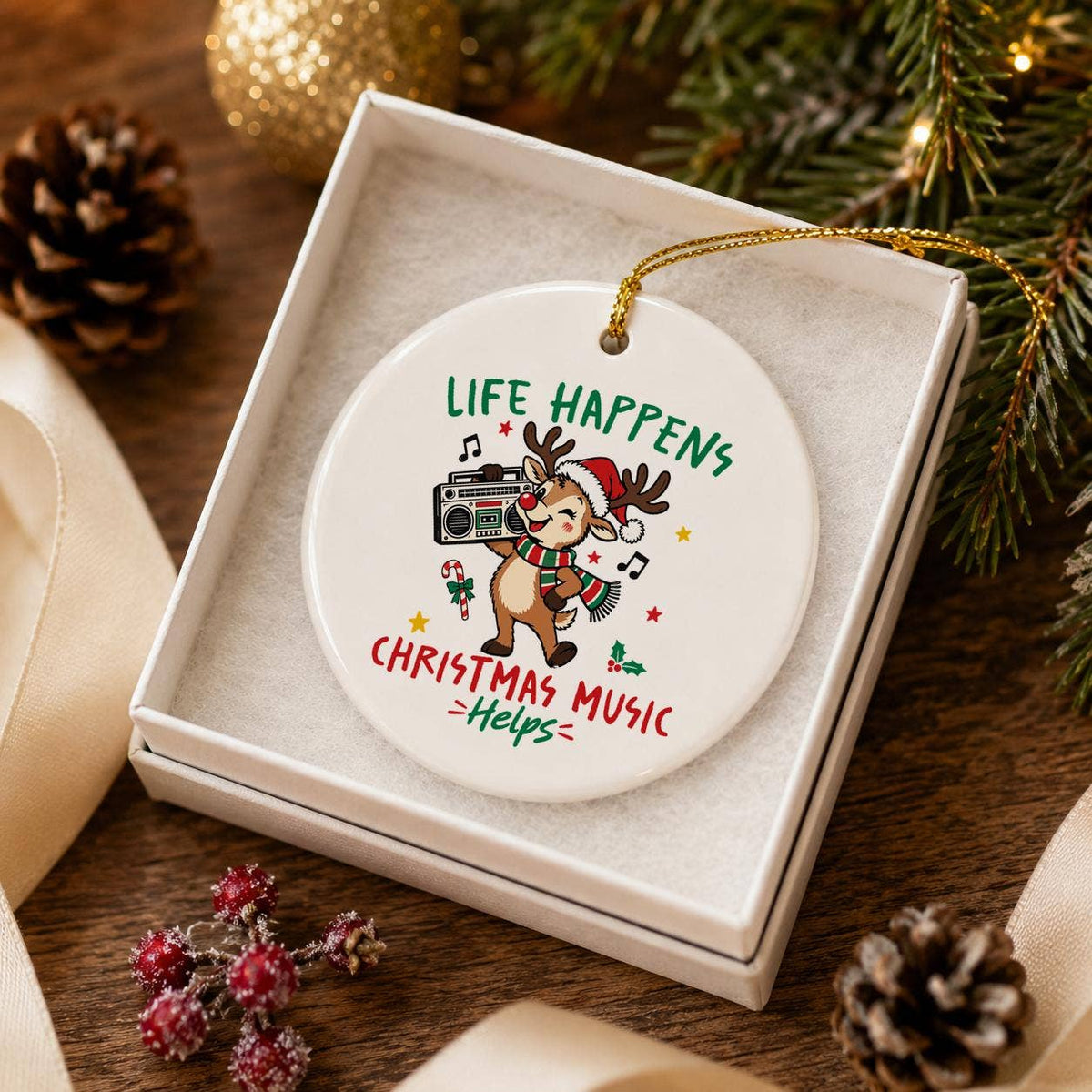 Christmas Reindeer Music Ceramic Ornament Gift Boxed