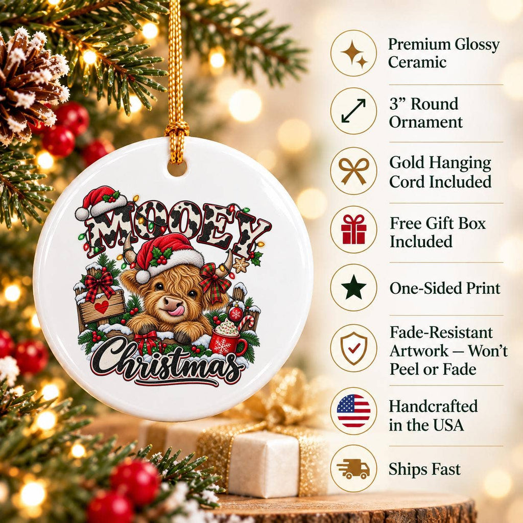 Festive Mooey Christmas Highland Cow Ceramic Santa Ornament