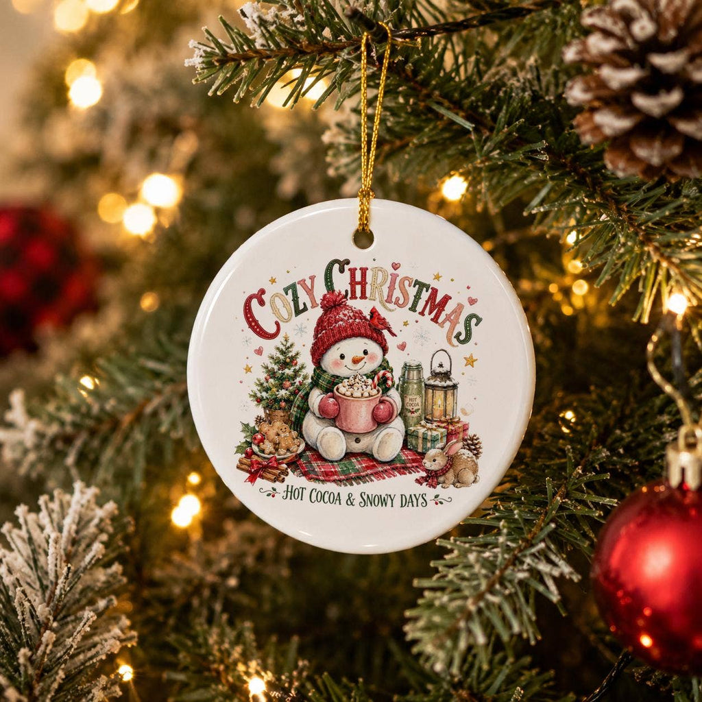 Ceramic Snowman Ornament with Hot Cocoa & Red Hat Christmas