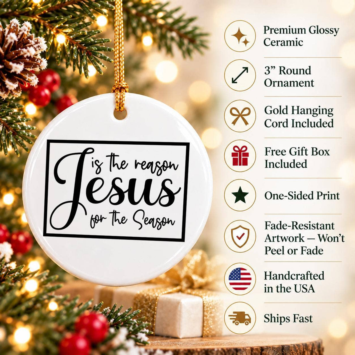 Elegant Ceramic Ornament with 'Jesus is the Reason' Script