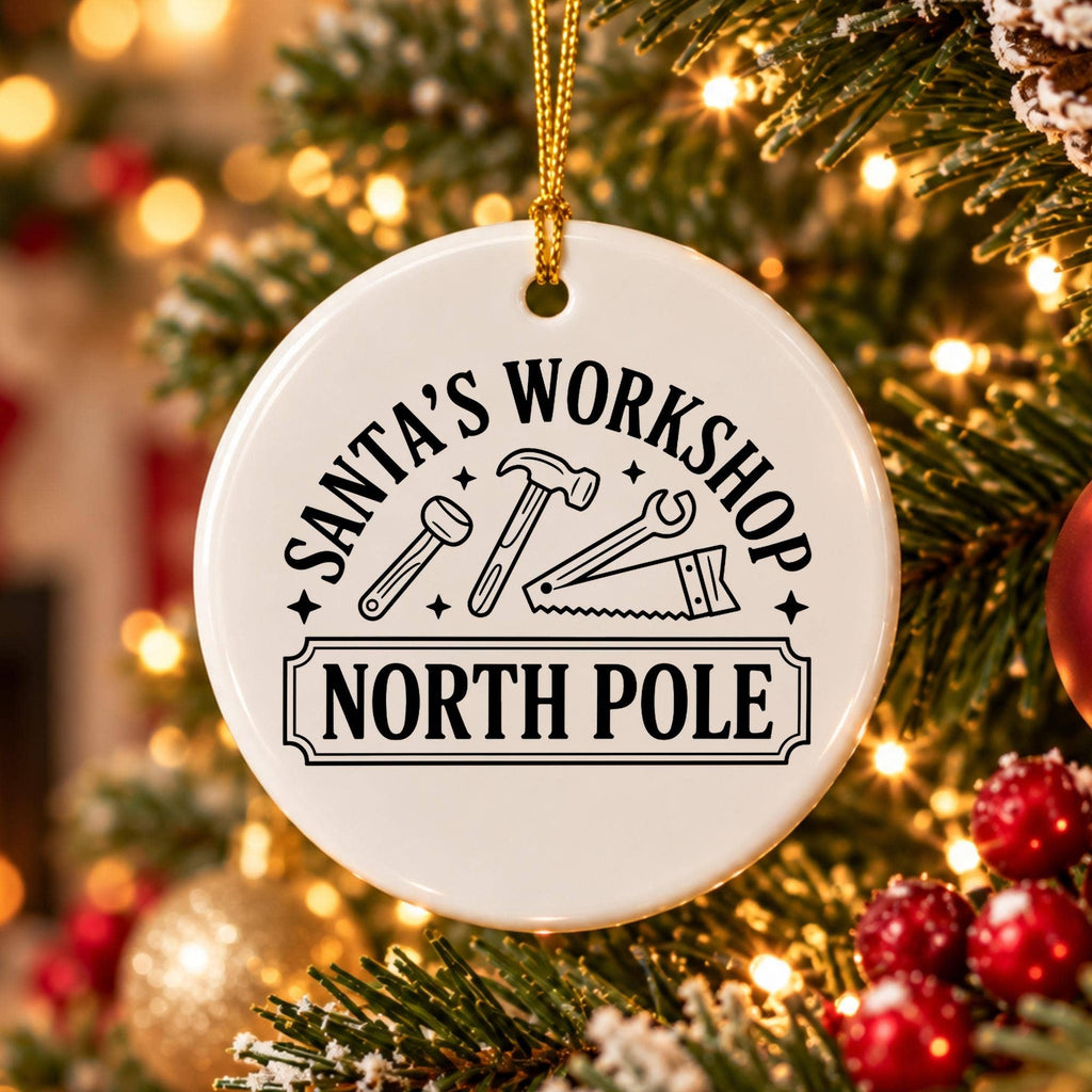 Whimsical Santas Workshop Ceramic Ornament with Gold Ribbon