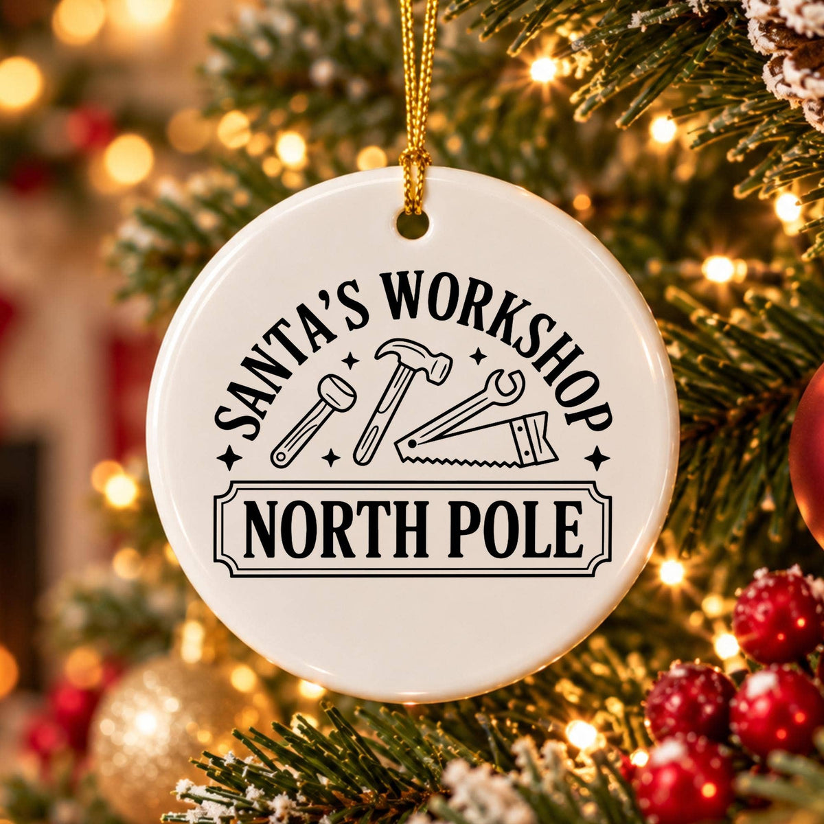 Whimsical Santas Workshop Ceramic Ornament with Gold Ribbon