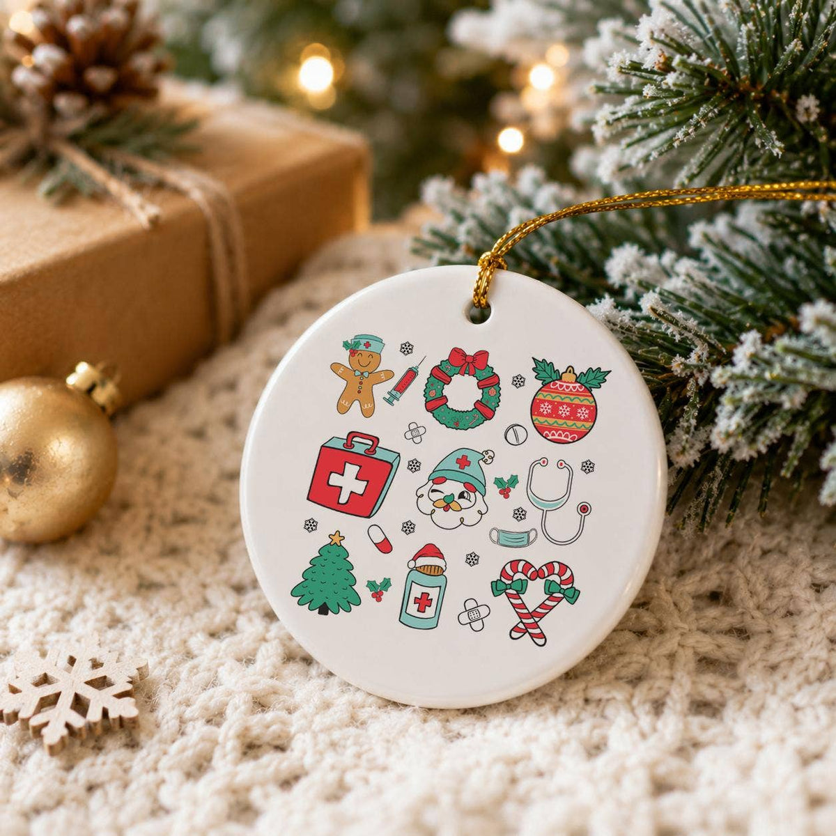 Gingerbread Nurse Ceramic Ornament with Gold Ribbon Gift Set