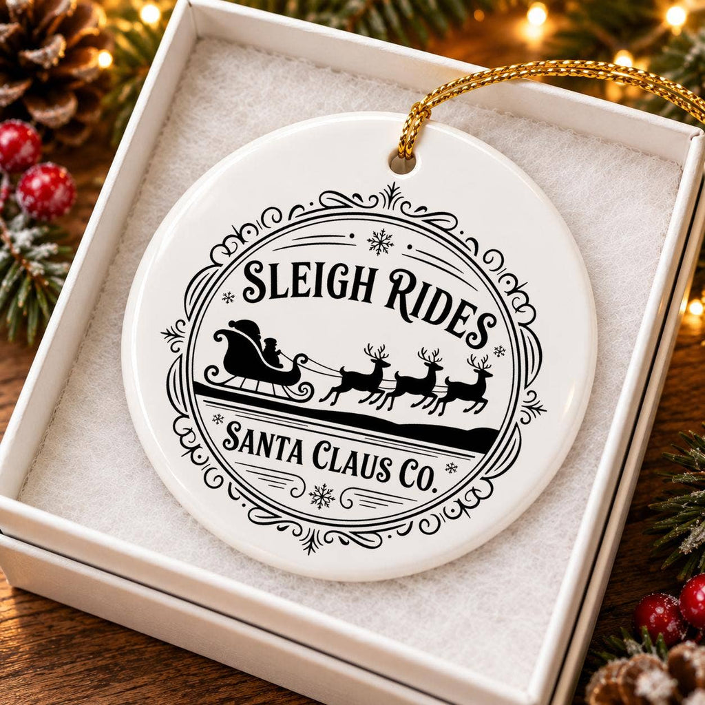 Santas Sleigh Reindeer Ceramic Ornament with Gift Box