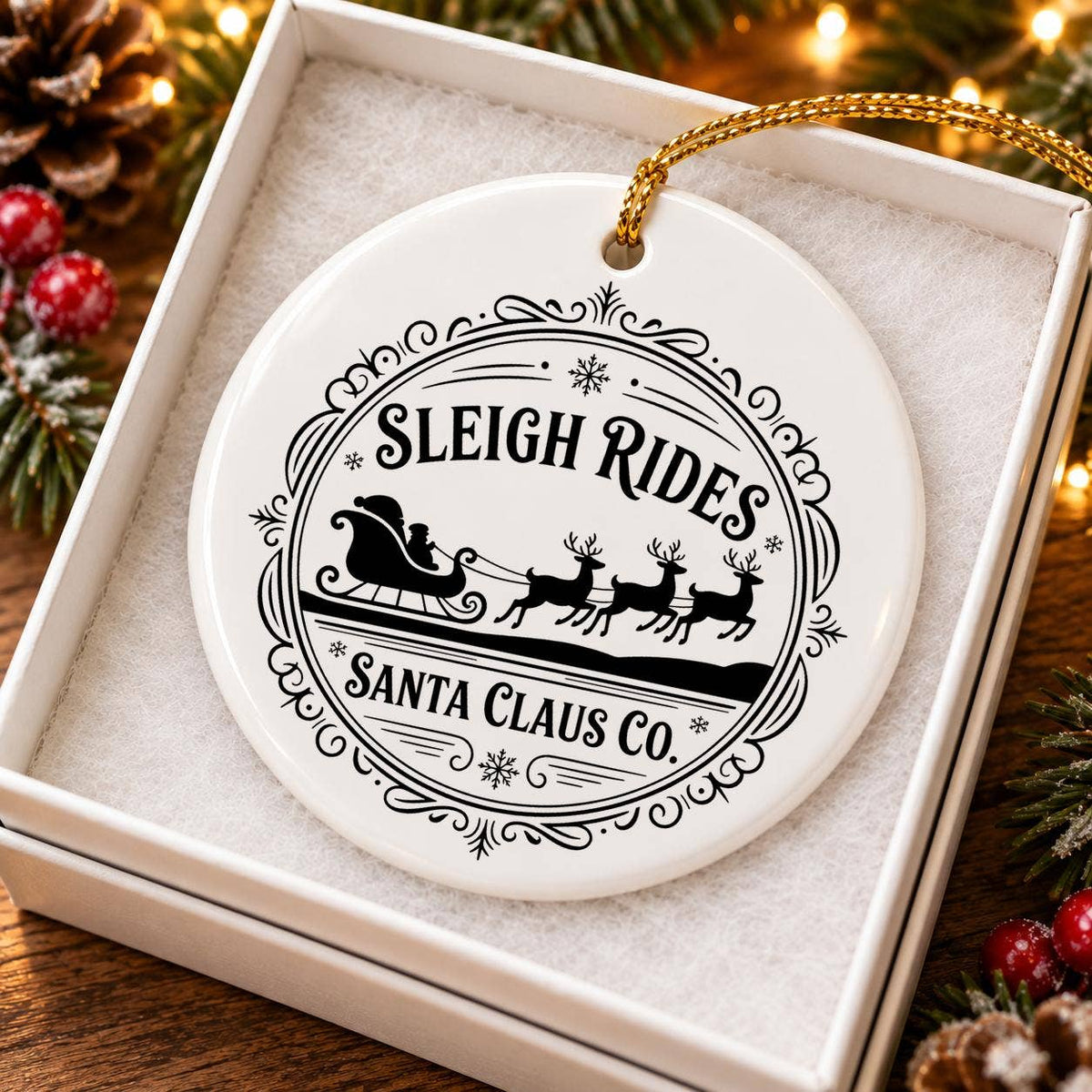 Santas Sleigh Reindeer Ceramic Ornament with Gift Box