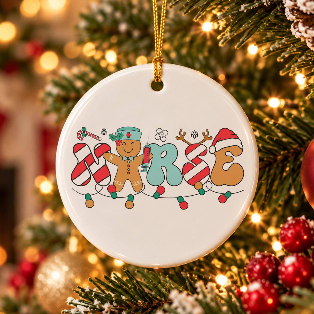 Festive Ceramic Nurse Ornament with Candy Cane & Gingerbread