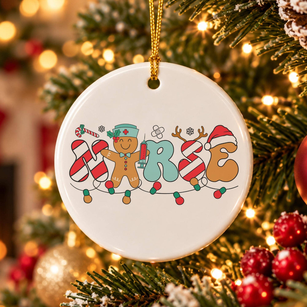 Festive Ceramic Nurse Ornament with Candy Cane & Gingerbread