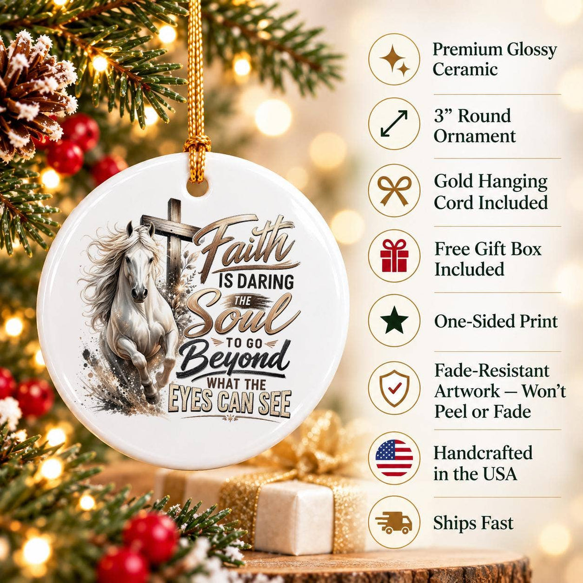 Faith Ceramic Ornament with Horse and Cross Design