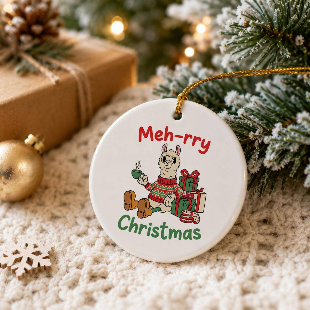 Festive Llama Holiday Ornament - Ceramic 'Meh-rry Christmas