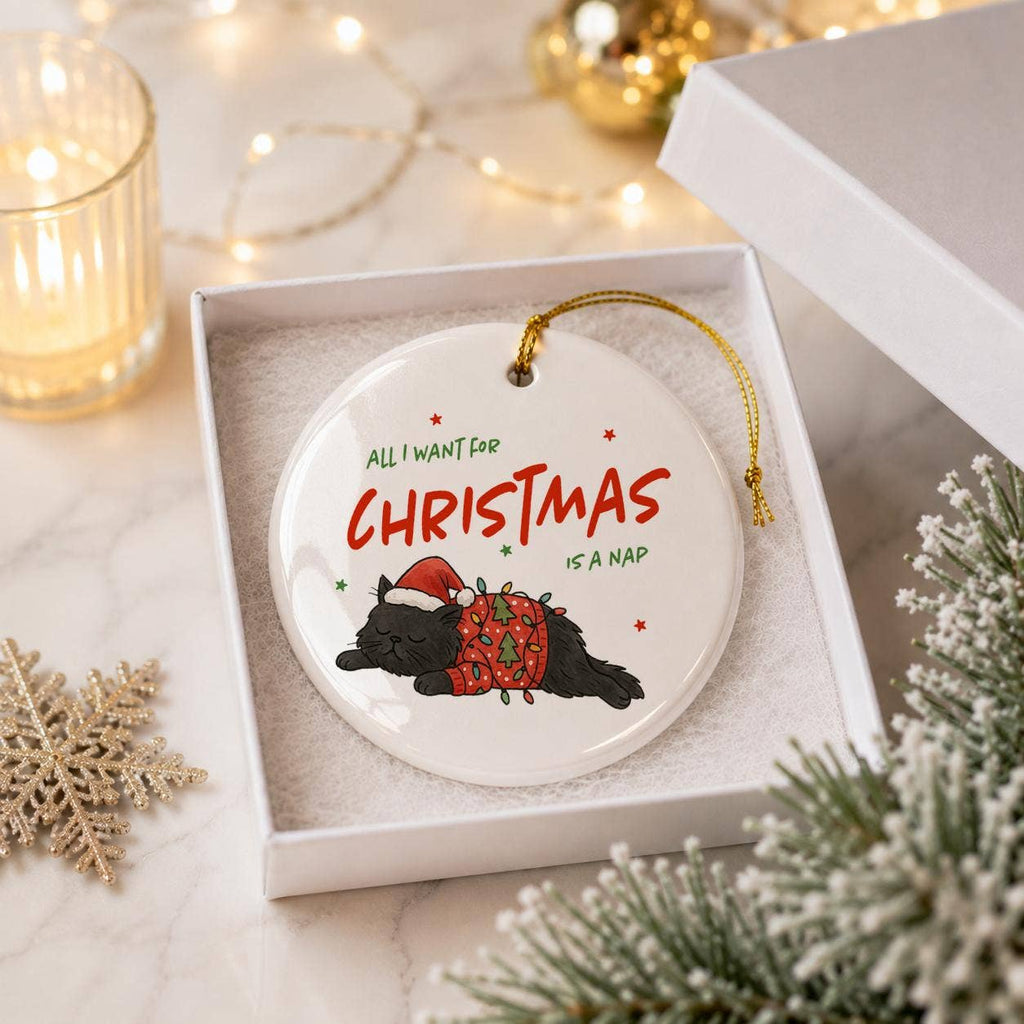 Cozy Black Cat Christmas Ornament in Gift Box with Ribbon