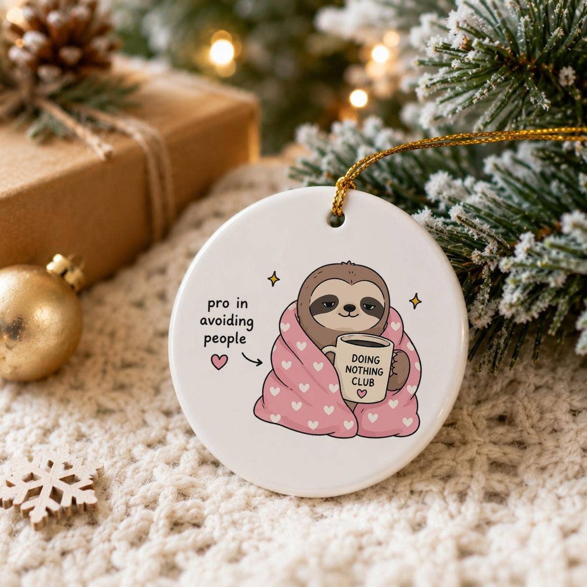 Introvert Sloth Ceramic Ornament with Heart Blanket & Mug