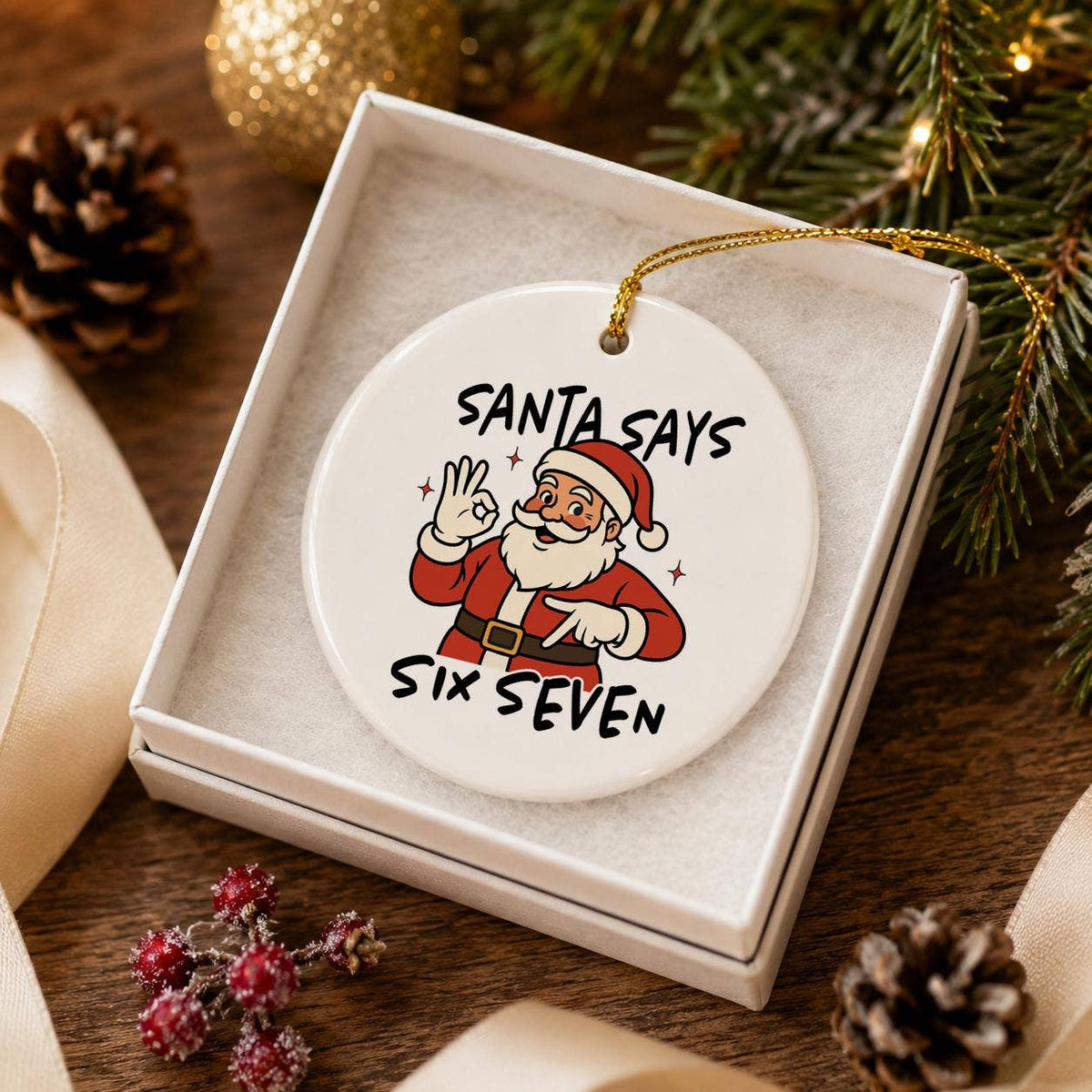 Humorous Santa Claus Hand Gesture Ceramic Christmas Ornament