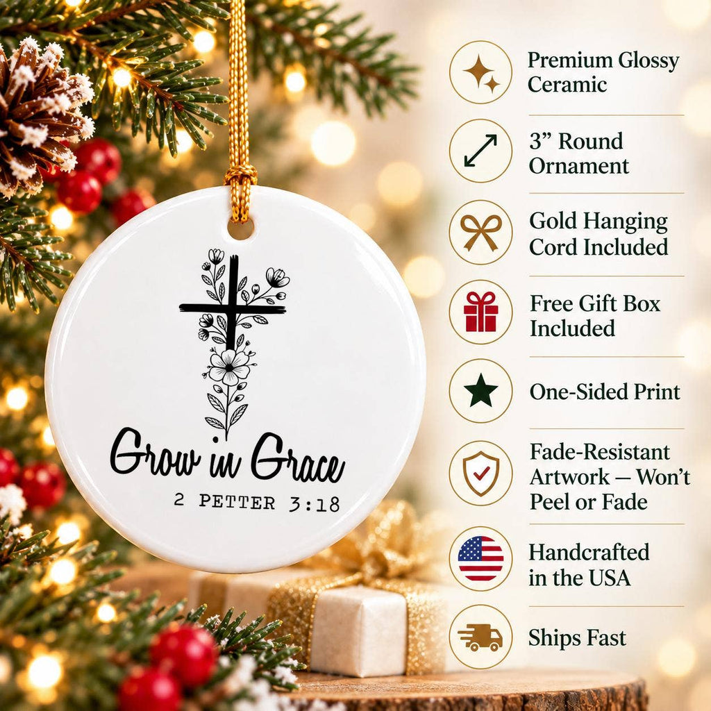 Faith & Floral Ceramic Ornament: Grow in Grace Holiday Gift