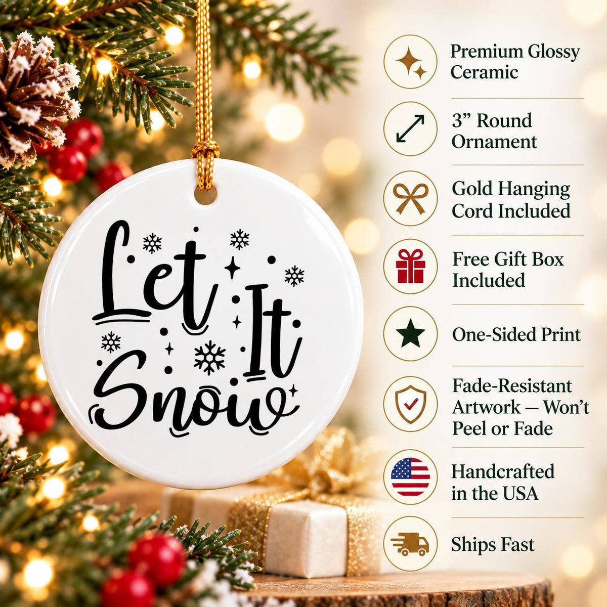 Elegant "Let It Snow" Snowflake Ceramic Ornament with Box