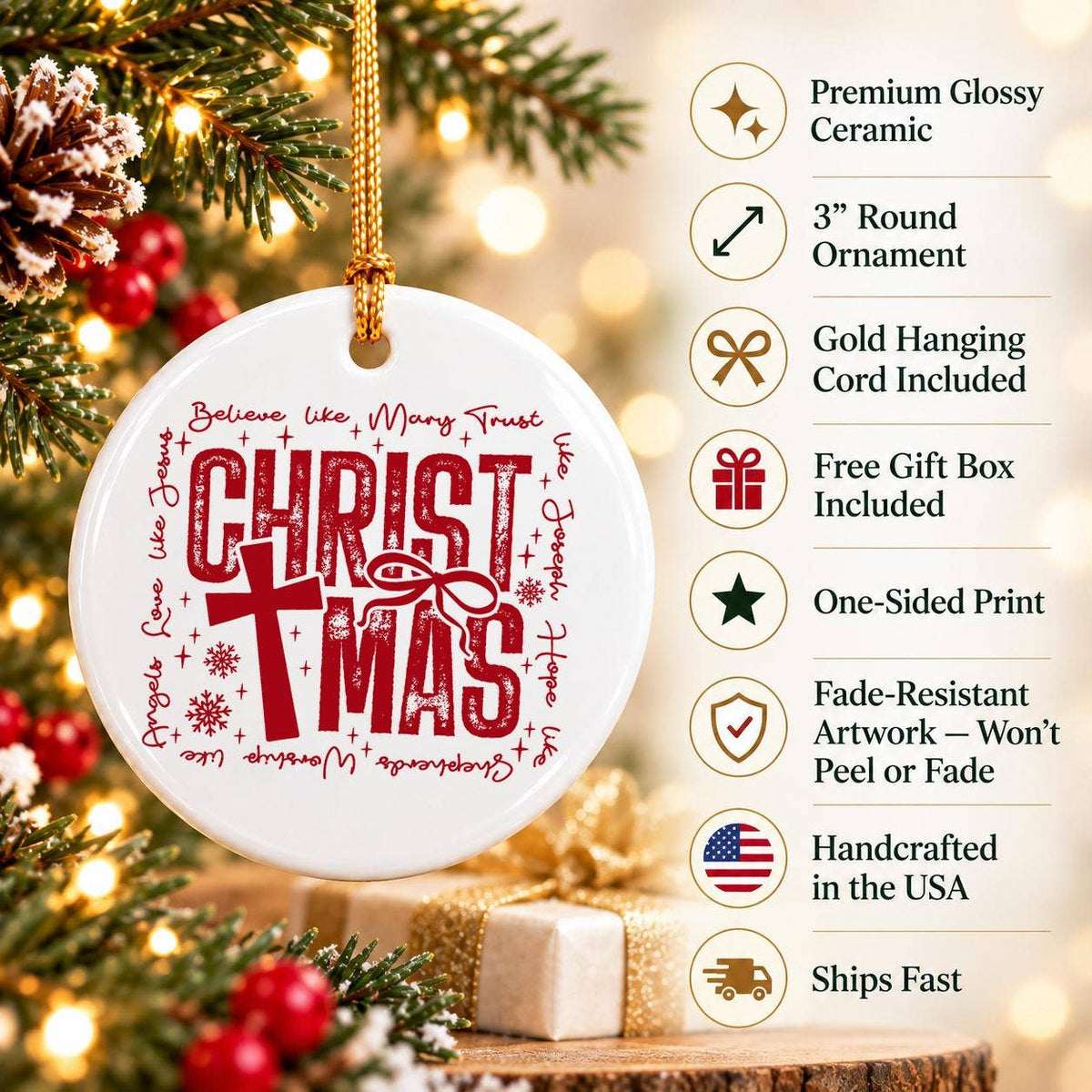 Red Christmas Cross Ceramic Ornament with Gift Box
