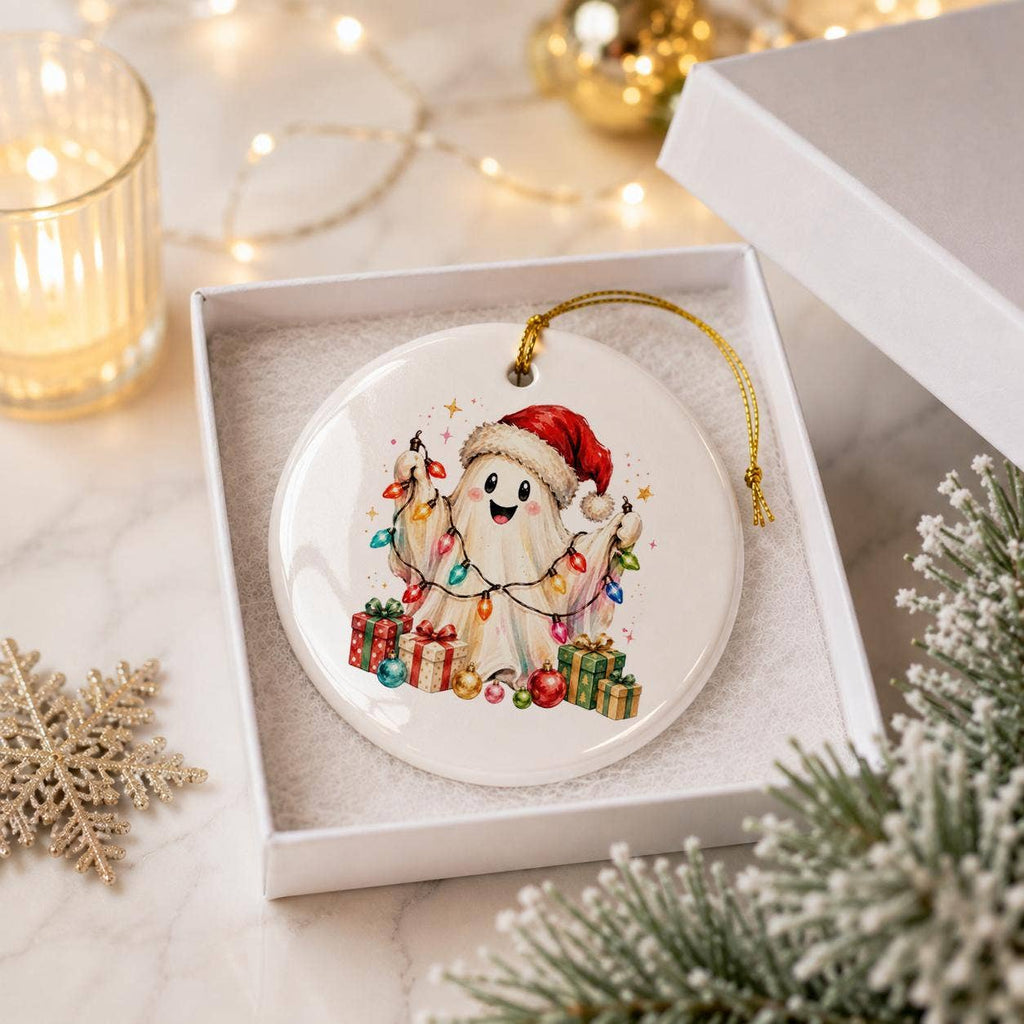 Ceramic Ghost with Santa Hat Christmas Ornament in Lights