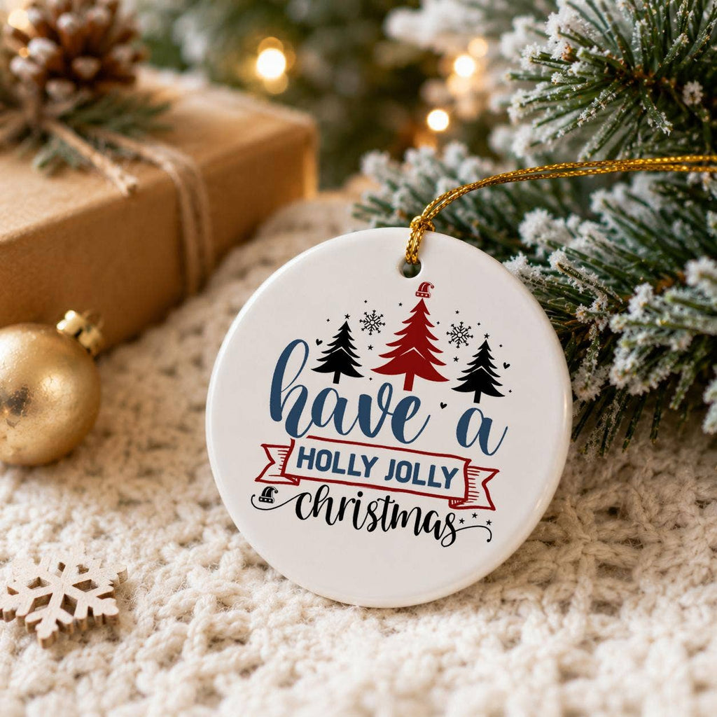 Holly Jolly Christmas Ceramic Ornament with Gift Box