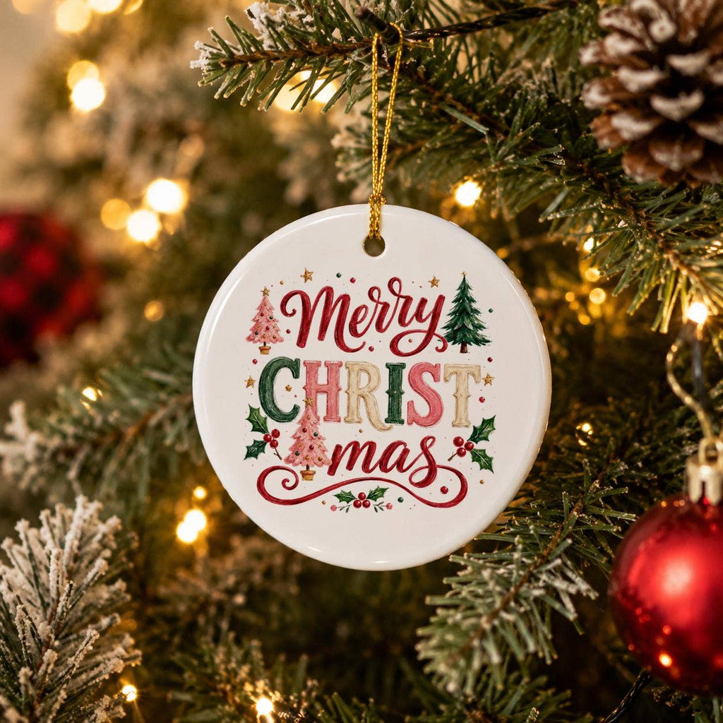 Festive Ceramic Ornament with Christmas Trees in Gift Box
