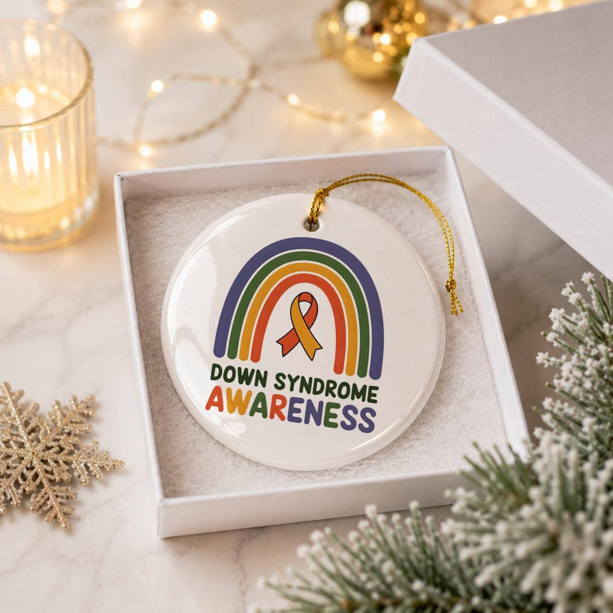 Down Syndrome Awareness Ceramic Ornament - Rainbow & Ribbon