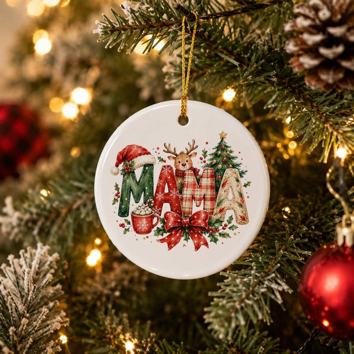Festive Mama Reindeer Ceramic Ornament with Christmas Motifs