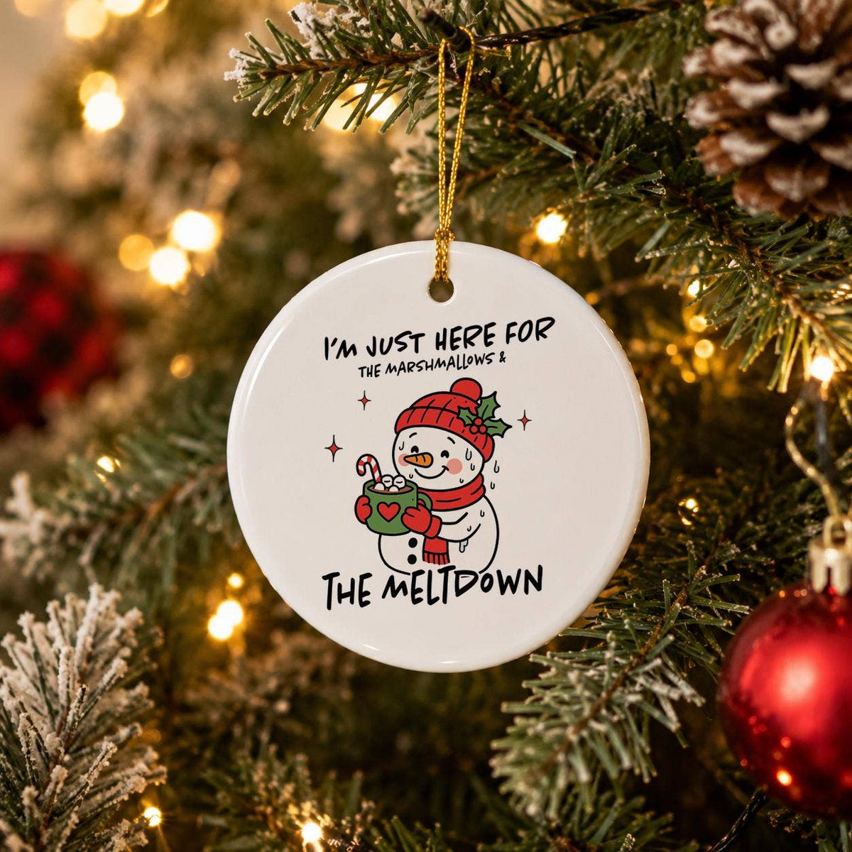 Cheerful Snowman Marshmallow Ceramic Ornament Holiday Gift