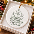 Elegant Green Ceramic Ornament with Cross, Snowflakes, Trees