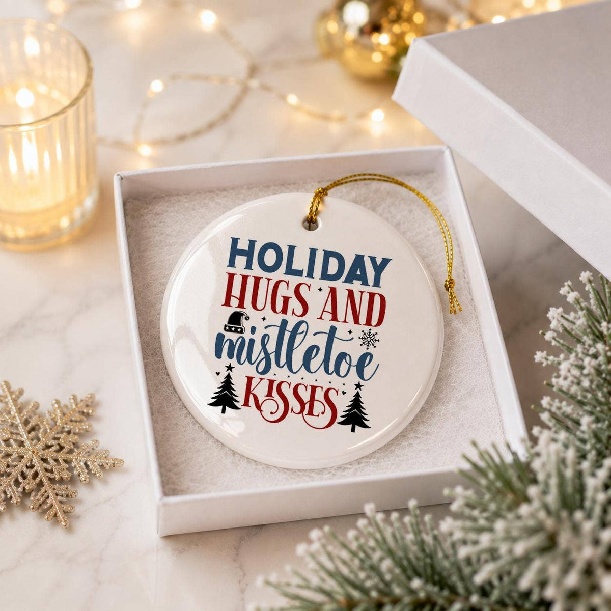 Festive Ceramic Ornament with Mistletoe and Snowflake Motifs