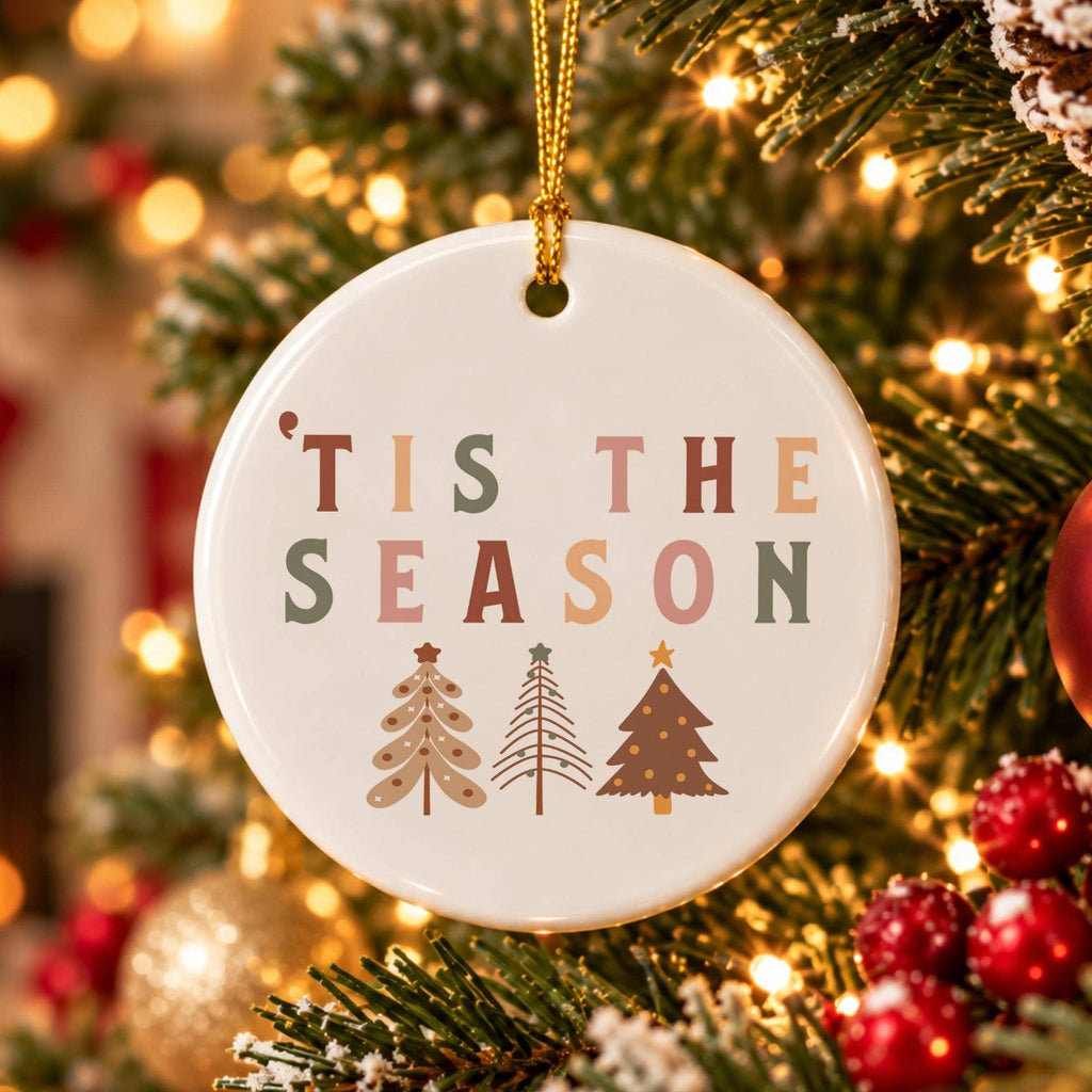 Ceramic Christmas Ornament with Tree Motifs and Gold Ribbon