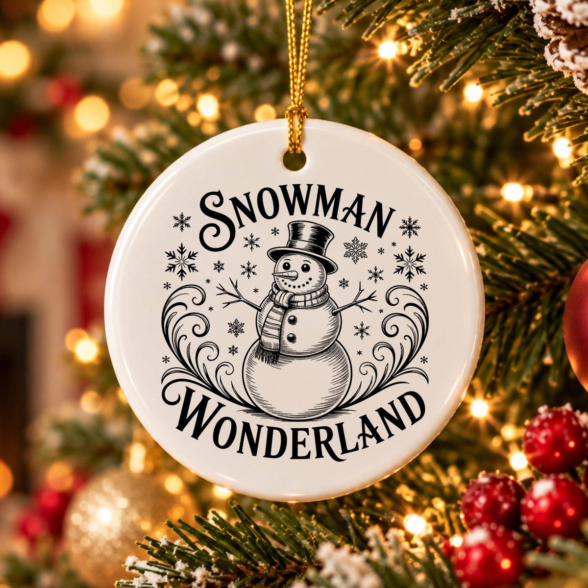 Adorable Snowman Wonderland Ceramic Ornament with Snowflakes