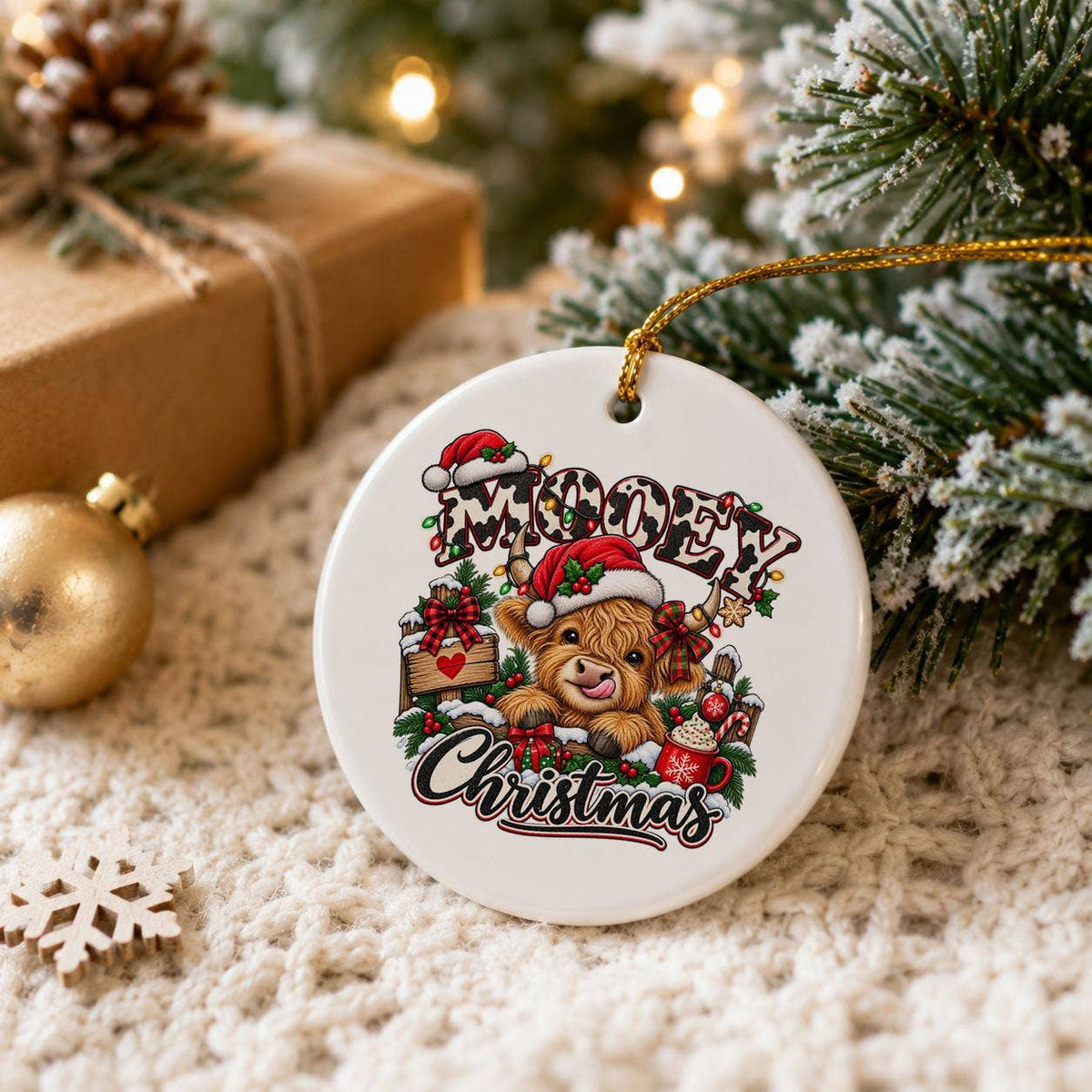 Festive Mooey Christmas Highland Cow Ceramic Santa Ornament