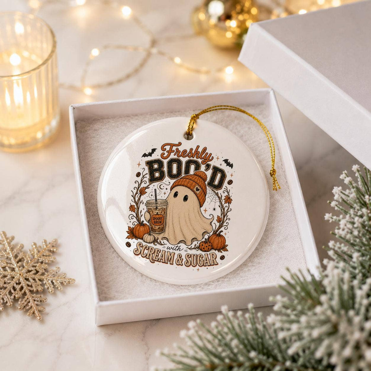 Freshly Bood Ghost & Pumpkin Ceramic Halloween Ornament
