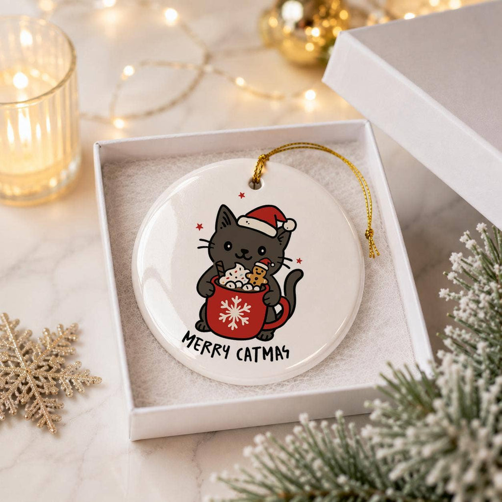 Black Cat Santa Hat Ceramic Christmas Ornament Gift Box