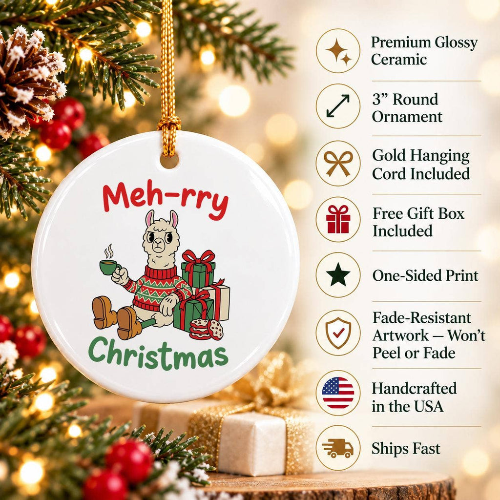 Festive Llama Holiday Ornament - Ceramic 'Meh-rry Christmas