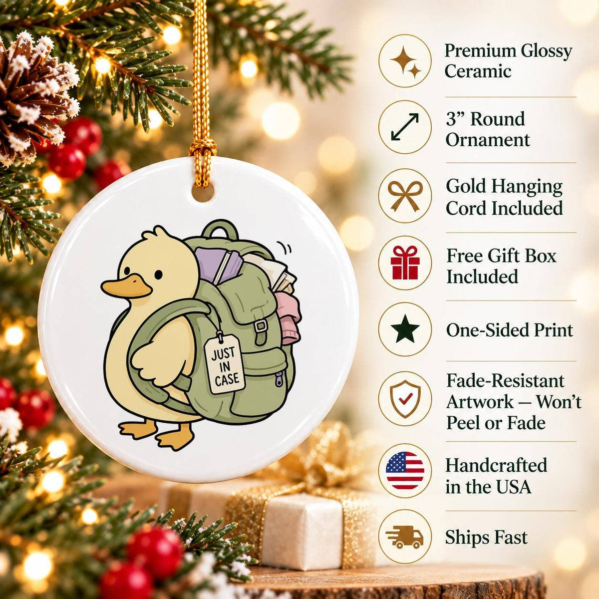 Adventurous Duck Backpack Ornament in Gift Box - Ceramic