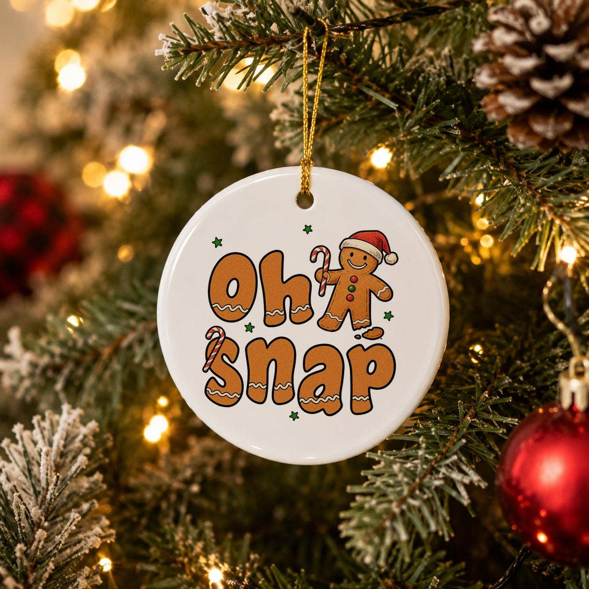 Oh Snap Gingerbread Man Ceramic Ornament with Santa Hat