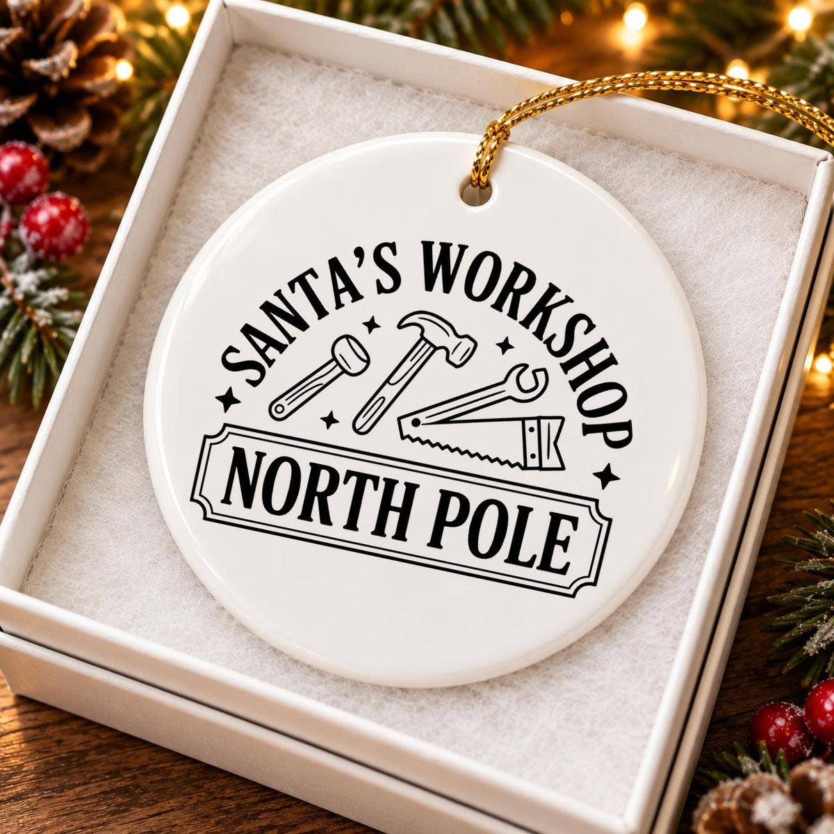 Whimsical Santas Workshop Ceramic Ornament with Gold Ribbon