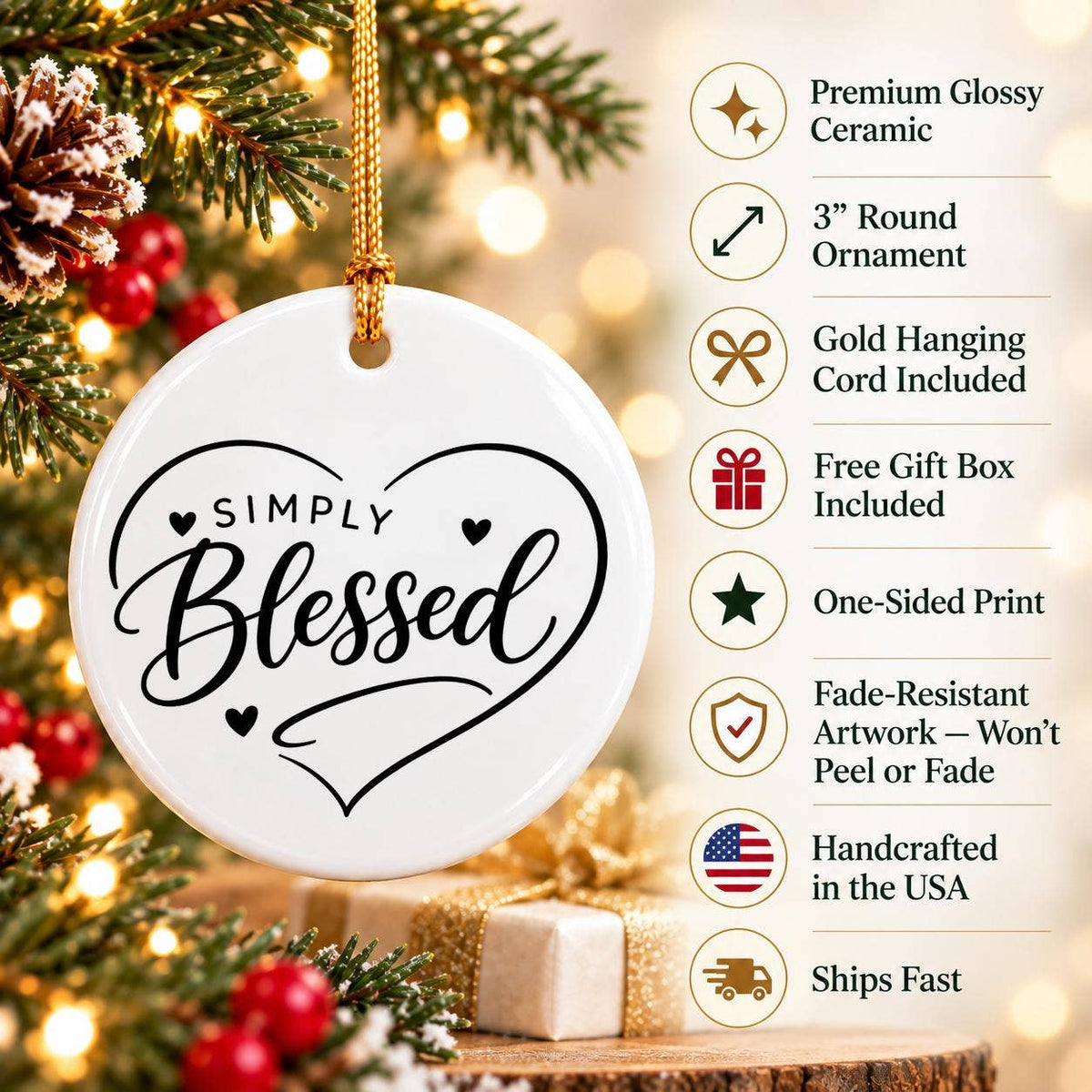 Simply Blessed Glossy Ceramic Ornament with Heart Motifs