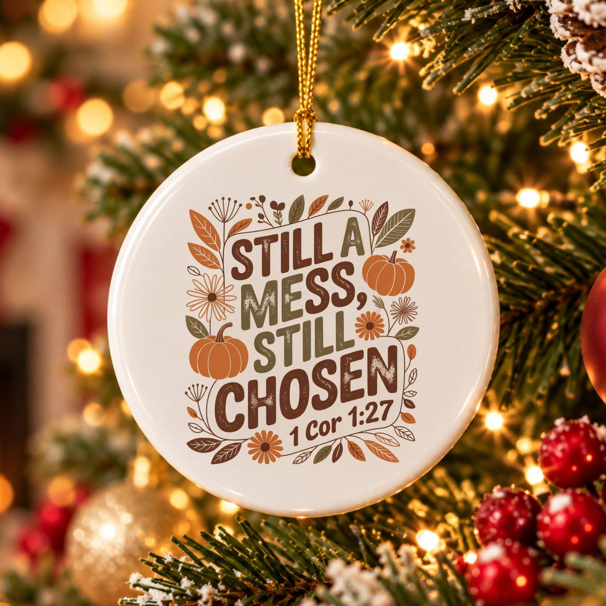 Autumn Faith Quote Ceramic Ornament with Pumpkin Design
