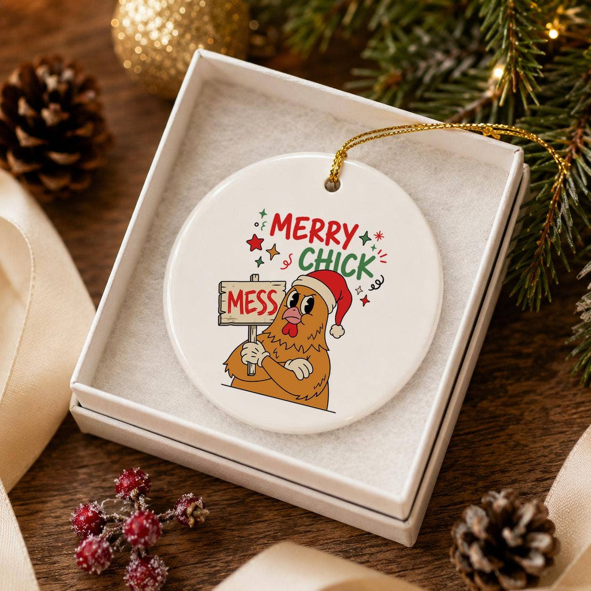 Humorous Santa Chicken Ceramic Ornament for Christmas Fun