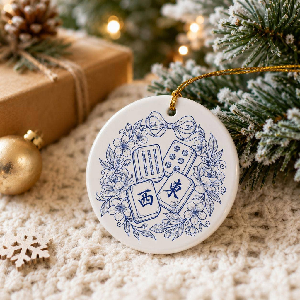 Blue Floral Mahjong Ceramic Ornament for Christmas Trees