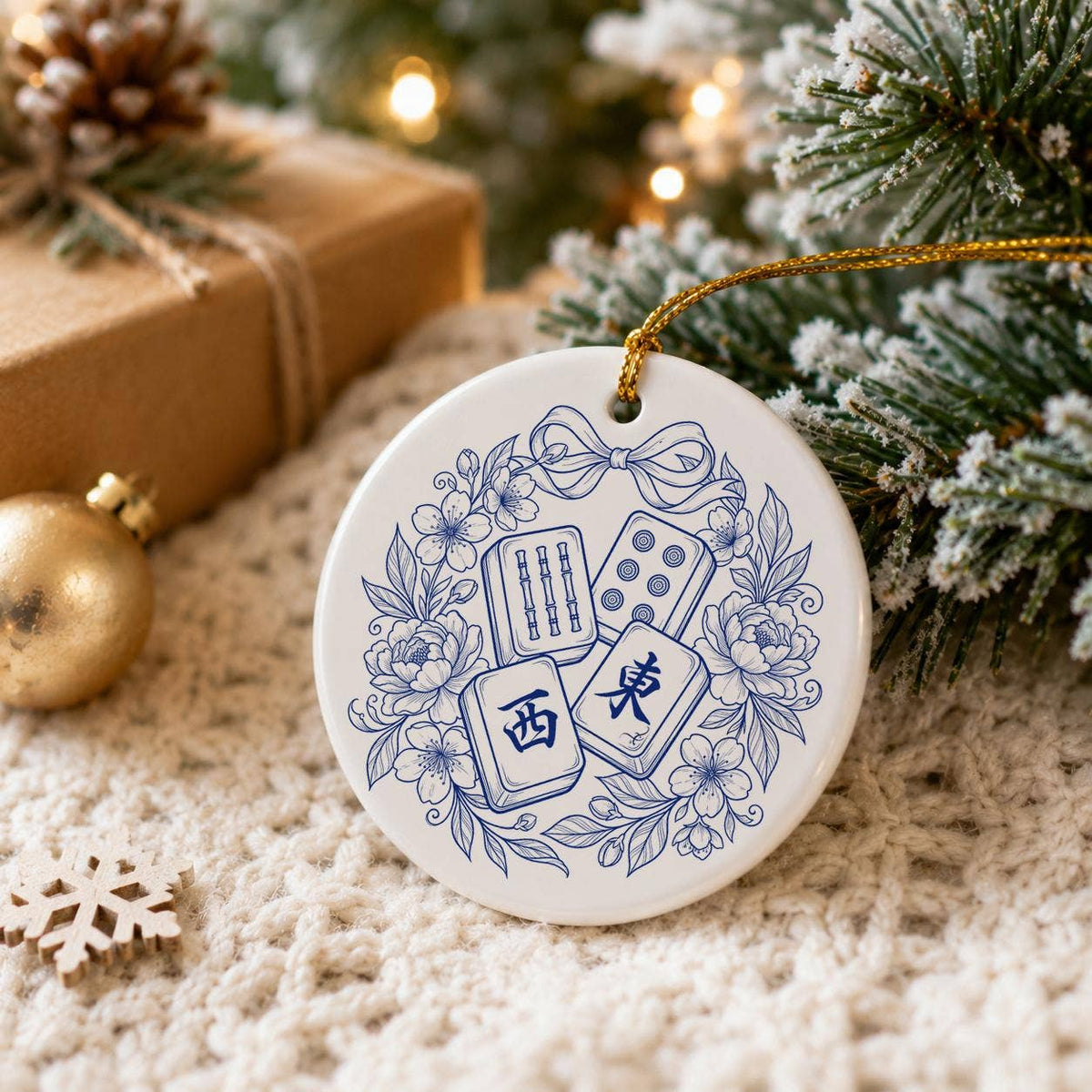Blue Floral Mahjong Ceramic Ornament for Christmas Trees