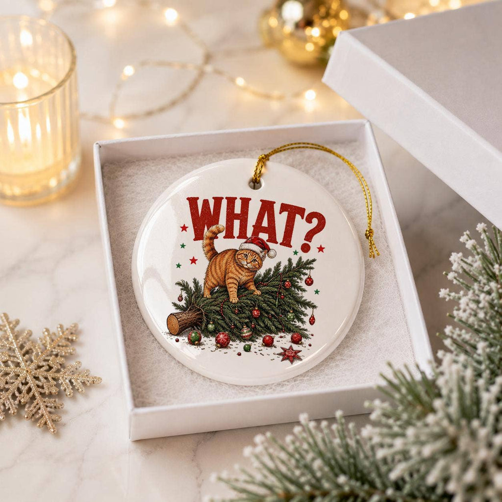 Cat Mischief Holiday Ceramic Ornament with Gift Box