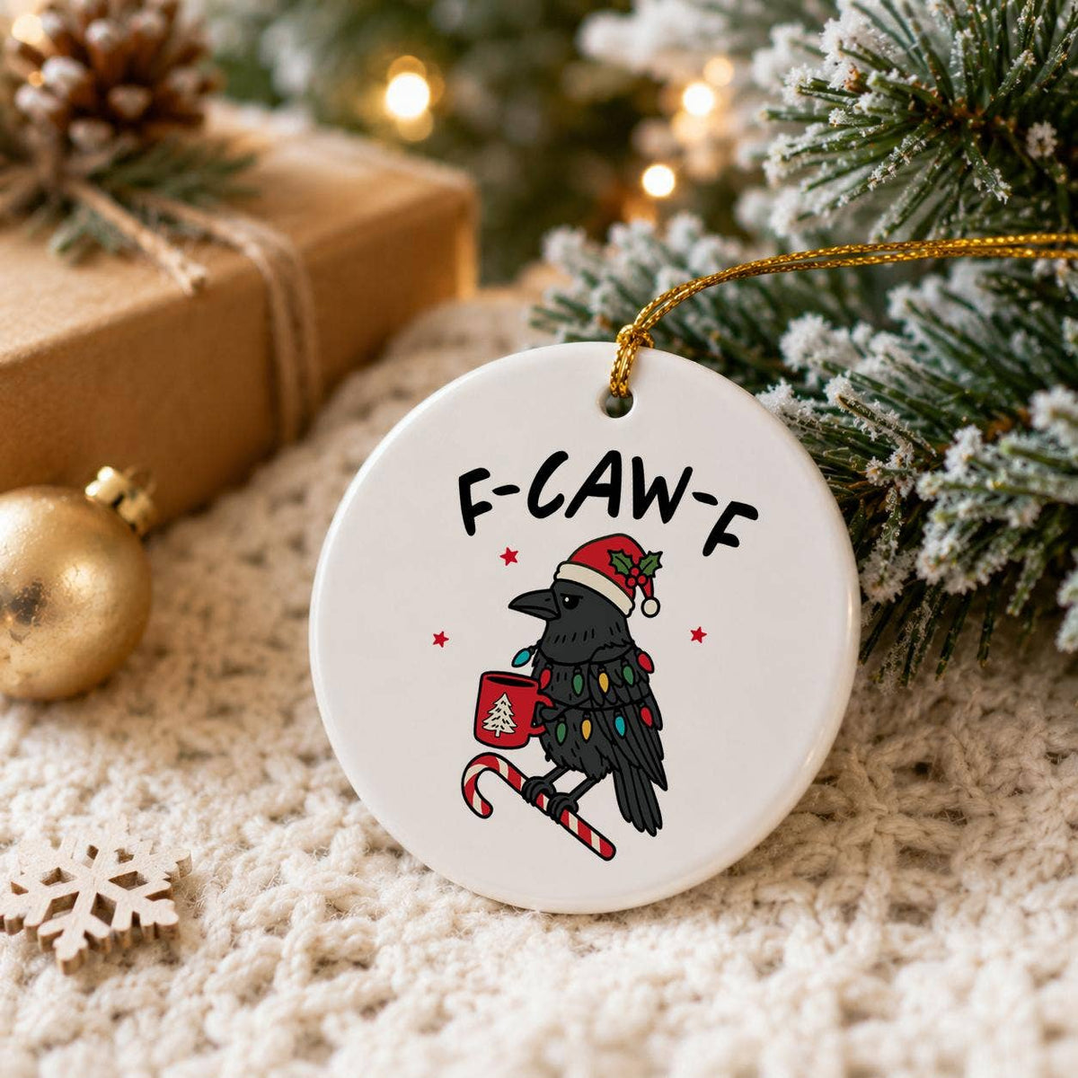 Whimsical Crow Christmas Ornament with Santa Hat in Gift Box