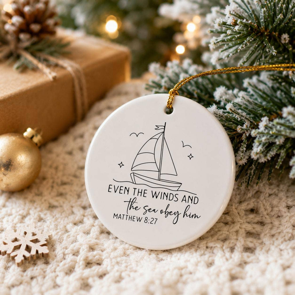 Matthew 8:27 Scripture Nautical Sailboat Ceramic Ornament