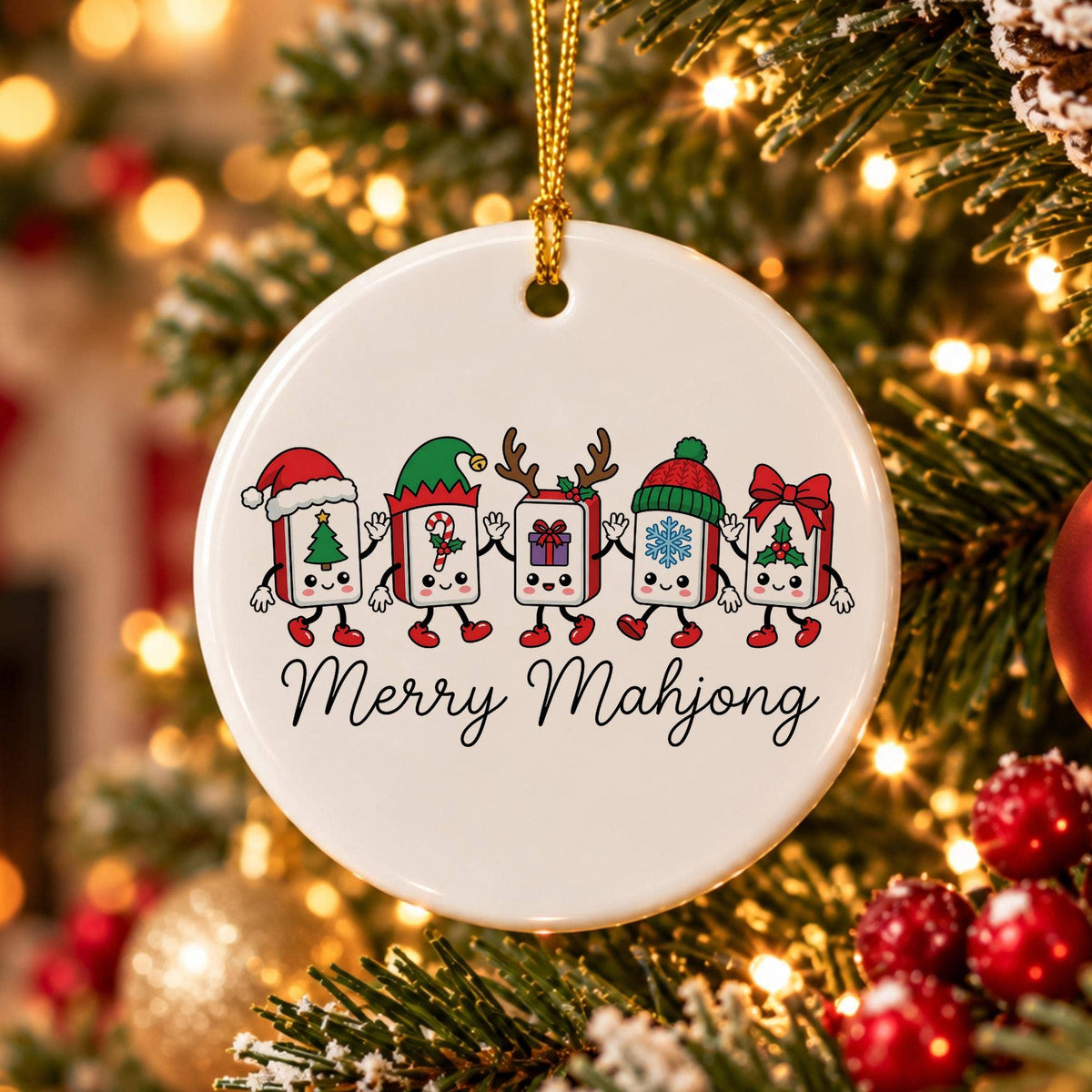 Festive Ceramic Ornament: Smiling Mahjong Tiles Xmas Decor