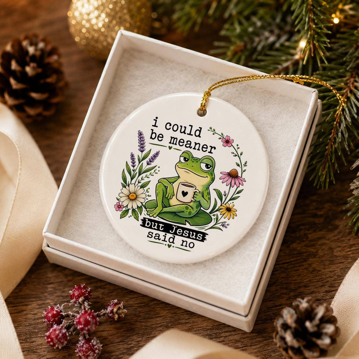 Humorous Frog with Jesus Quote Ceramic Holiday Ornament Gift