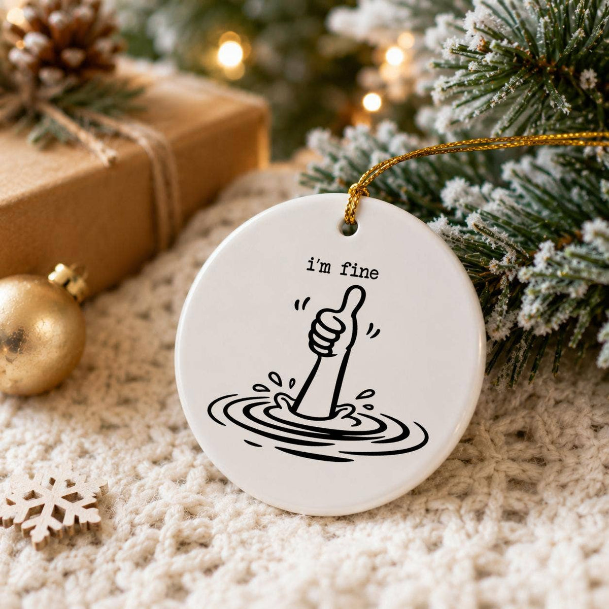 Humorous I'm Fine' Hand Motif Ceramic Christmas Ornament