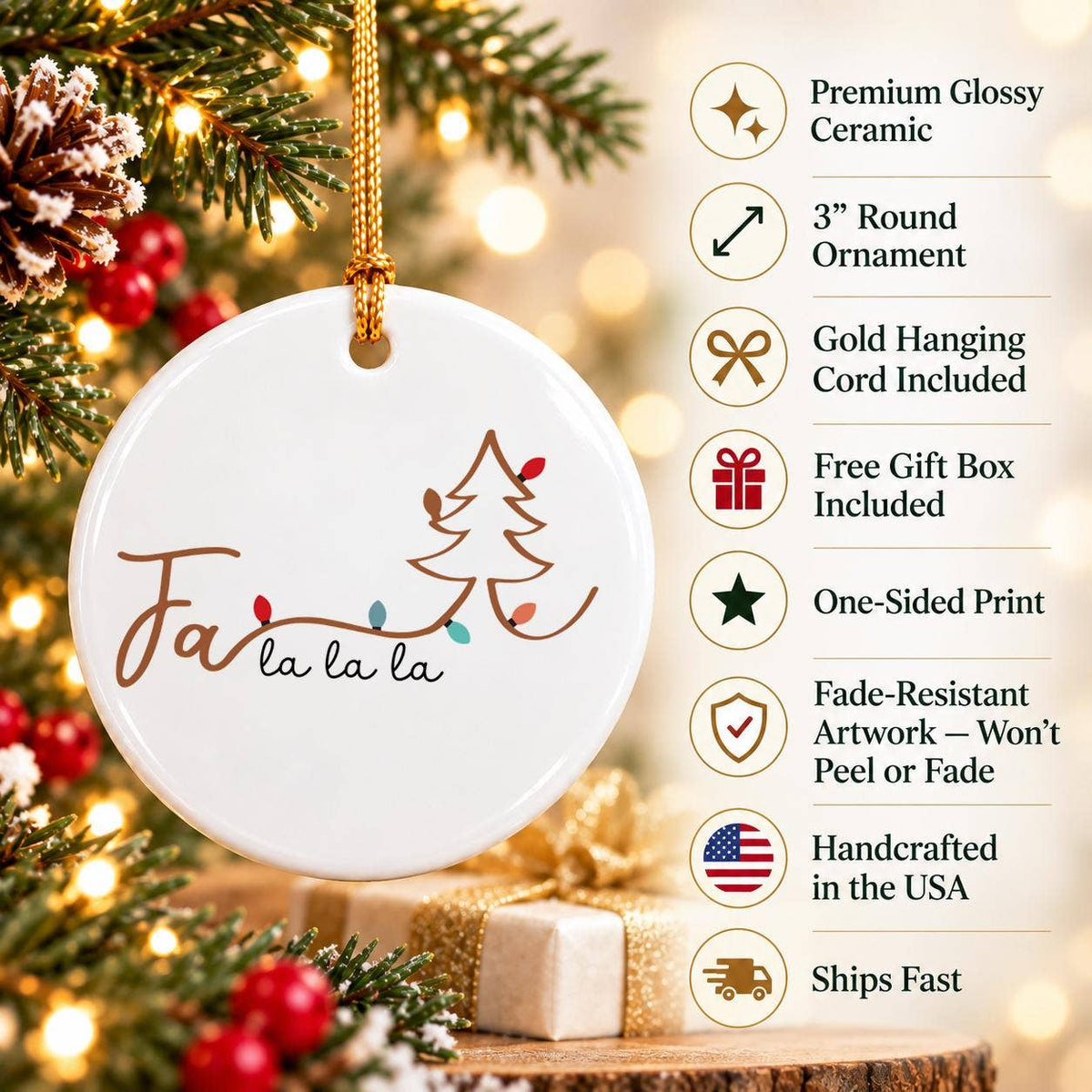 Fa La La Ceramic Ornament with Christmas Tree & Gift Box