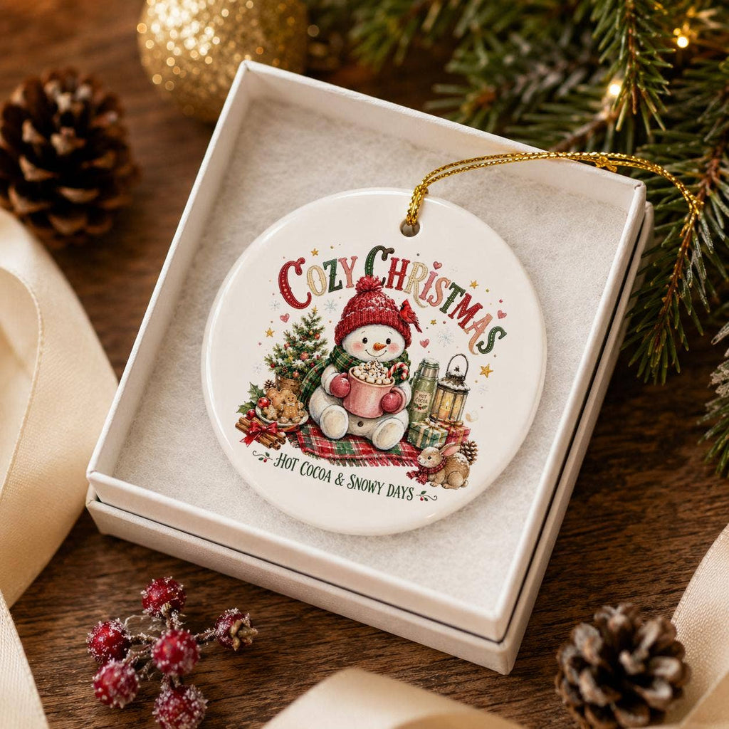 Ceramic Snowman Ornament with Hot Cocoa & Red Hat Christmas